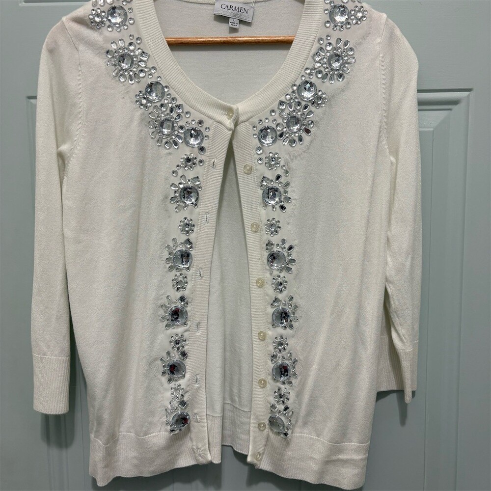 Carmen Cardigan Sweater Womens L Ivory V-Neck Button Front Embellished
